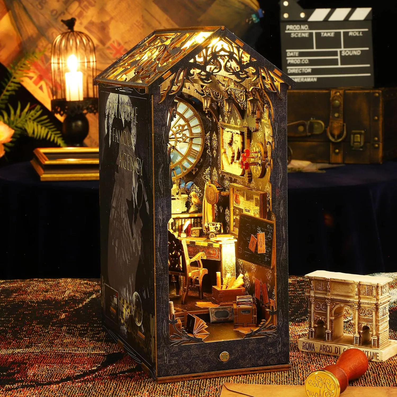 Puzzle Bookshelf Insert Decor with Sensor Light,Bookends Model Build-Creativity Kit for Adults Women Birthday Gift (SL07) Spilay DIY Dollhouse Miniature Book bias commentary Nook Assemble Kit,3D Wooden 