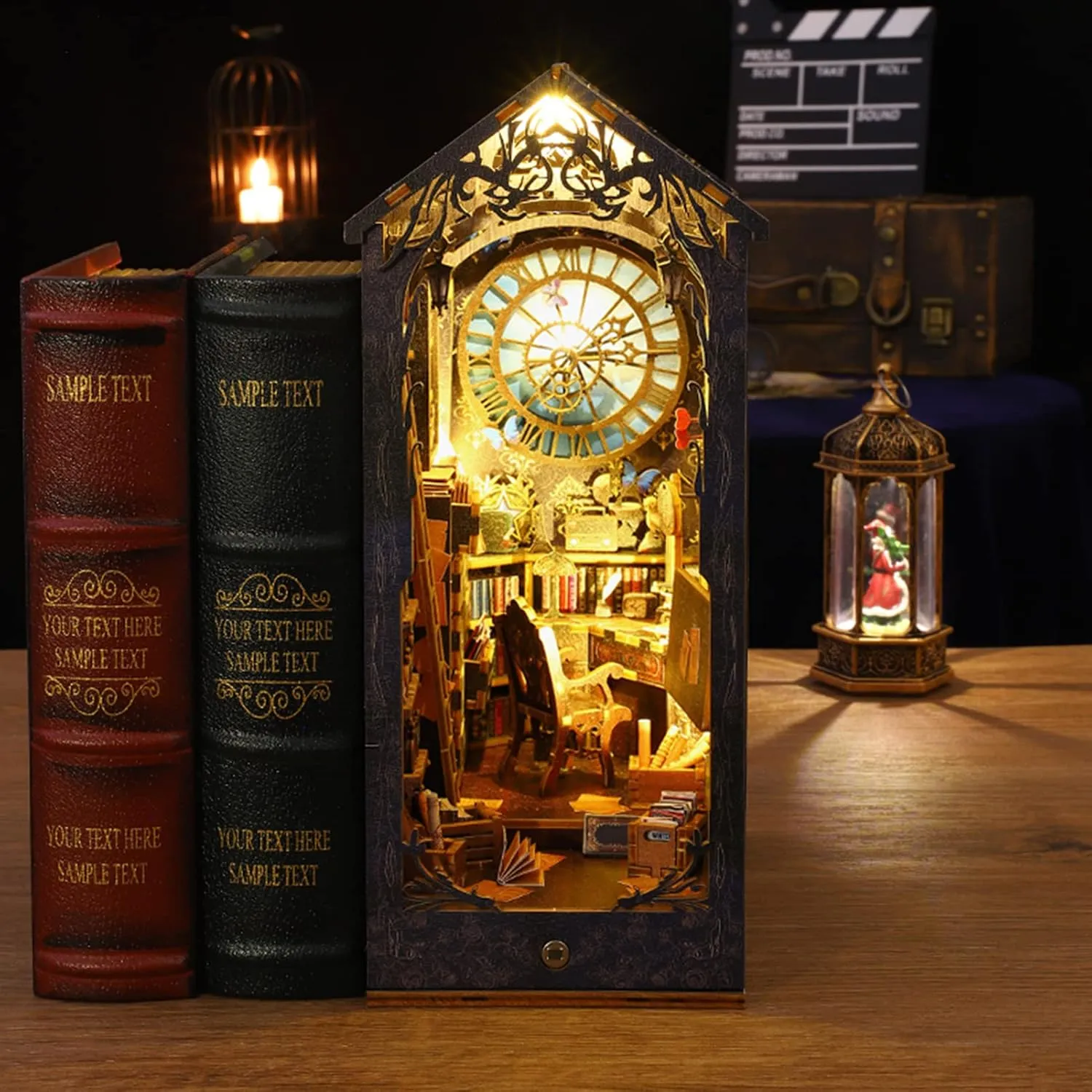 Puzzle Bookshelf Insert Decor with Sensor Light,Bookends Model Build-Creativity Kit for Adults Women Birthday Gift (SL07) Spilay DIY Dollhouse Miniature Book bias commentary Nook Assemble Kit,3D Wooden 