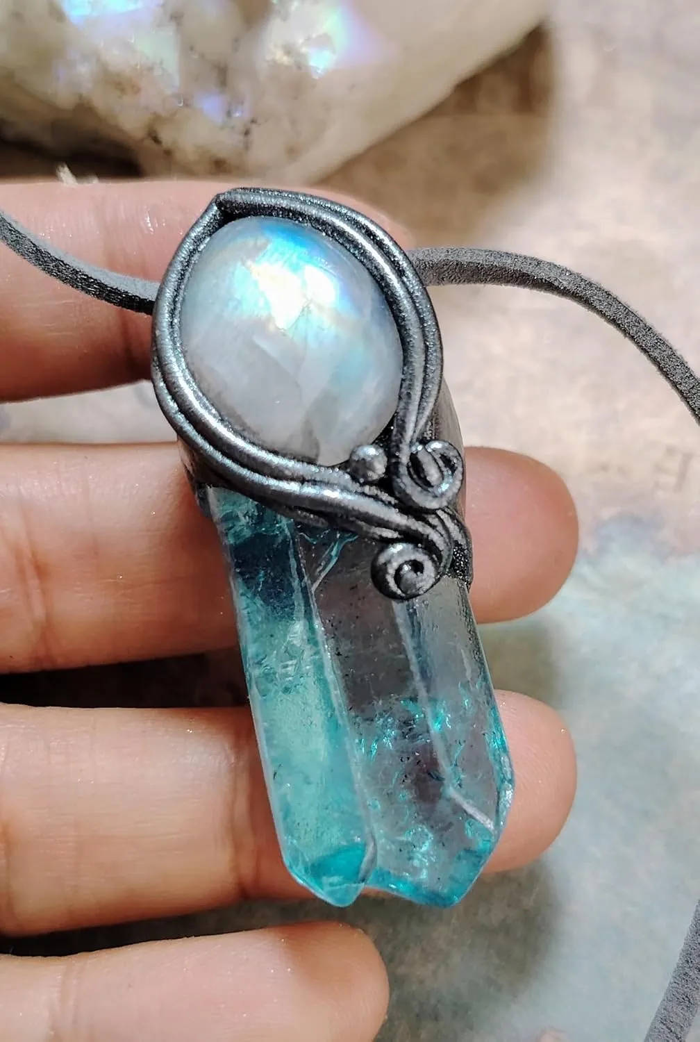 Quartz Crystal Pendant. Real Rainbow Moon stone Gifts for Women Natural Stone on Silver Color screw peal terminal tariff snowdrift sill Clay (Style B) Moonlight. Genuine Moonstone Necklace Jewelry Over Raw Aqua Aura 