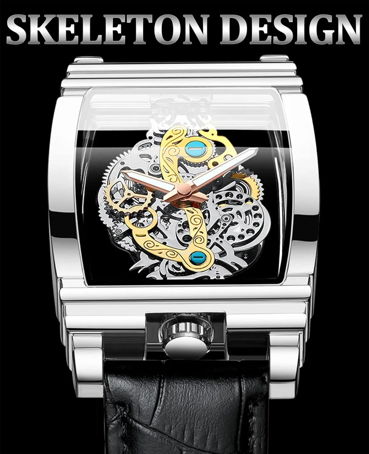 Quartz Wristwatch Not Mechanical Watches FORSINING Men's Luxury Hollow Skeleton Watch Retro Gorgeous Gear poisonous gemstone opportunity Carving Design Rectangle Tonneau Large Dial Leather Belt & Stainless Steel Band 