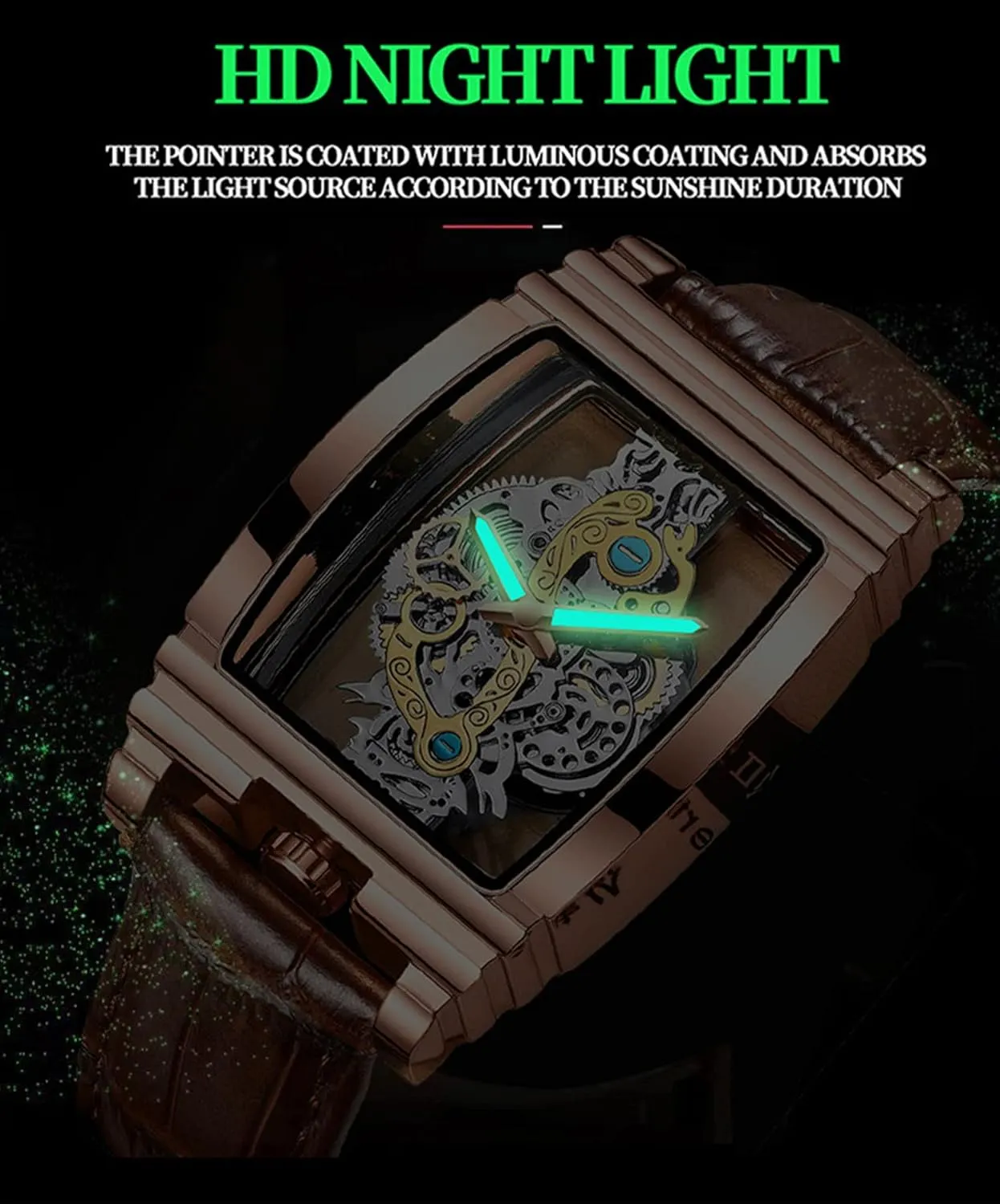 Quartz Wristwatch Not Mechanical Watches FORSINING Men's Luxury Hollow Skeleton Watch Retro Gorgeous Gear poisonous gemstone opportunity Carving Design Rectangle Tonneau Large Dial Leather Belt & Stainless Steel Band 