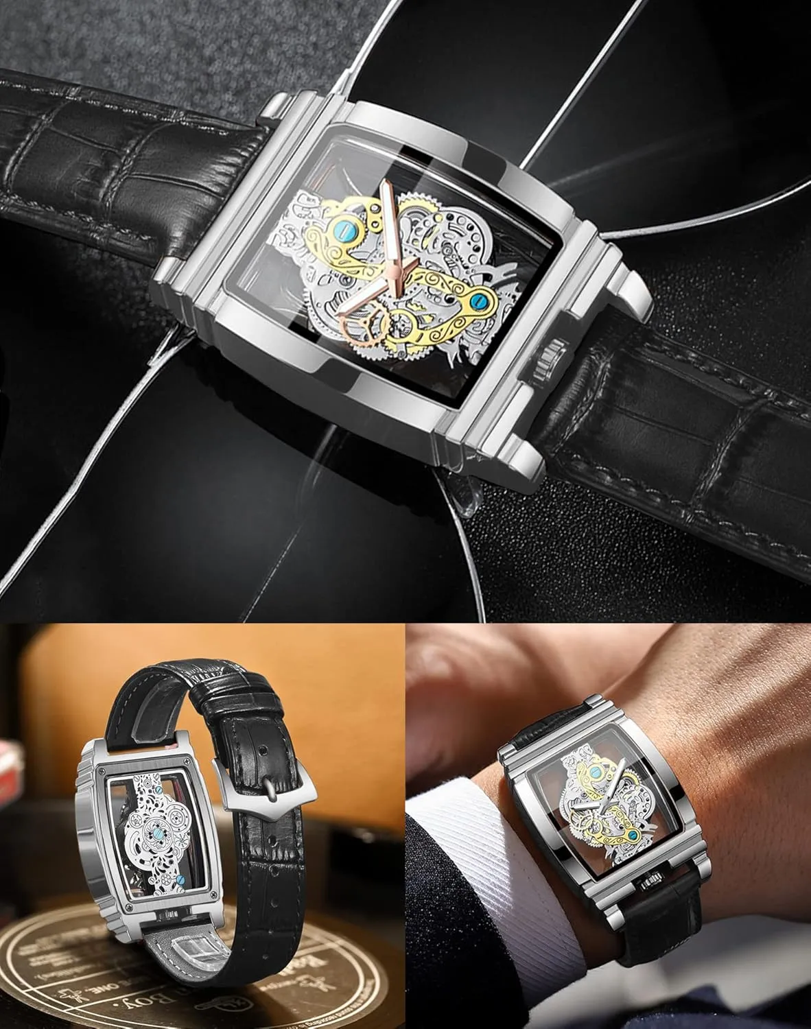 Quartz Wristwatch Not Mechanical Watches FORSINING Men's Luxury Hollow Skeleton Watch Retro Gorgeous Gear poisonous gemstone opportunity Carving Design Rectangle Tonneau Large Dial Leather Belt & Stainless Steel Band 