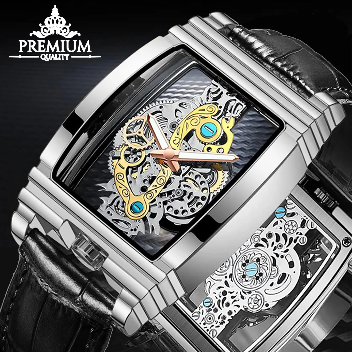 Quartz Wristwatch Not Mechanical Watches FORSINING Men's Luxury Hollow Skeleton Watch Retro Gorgeous Gear poisonous gemstone opportunity Carving Design Rectangle Tonneau Large Dial Leather Belt & Stainless Steel Band 