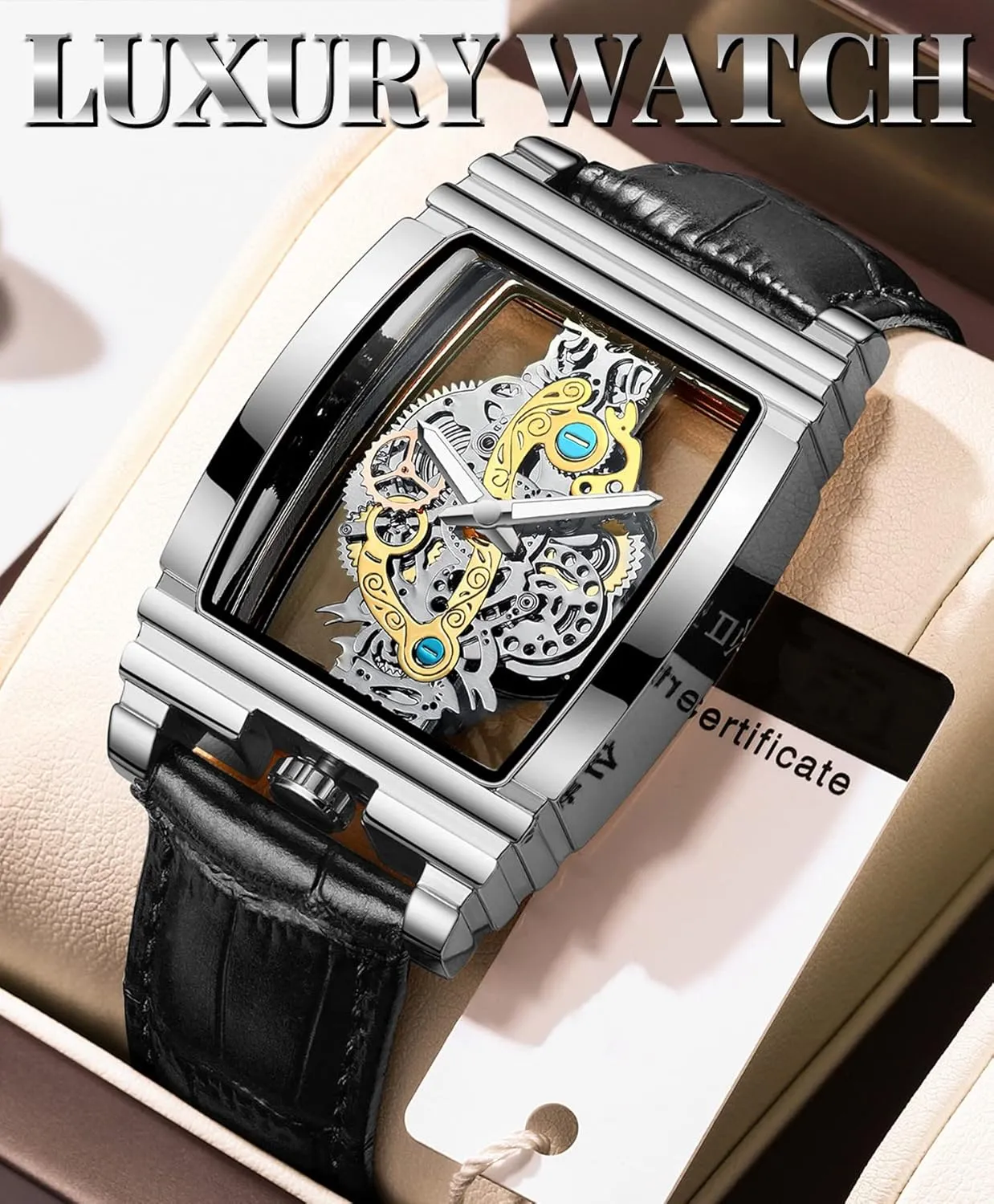 Quartz Wristwatch Not Mechanical Watches FORSINING Men's Luxury Hollow Skeleton Watch Retro Gorgeous Gear poisonous gemstone opportunity Carving Design Rectangle Tonneau Large Dial Leather Belt & Stainless Steel Band 