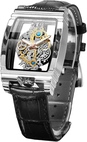 Quartz Wristwatch Not Mechanical Watches FORSINING Men's Luxury Hollow Skeleton Watch Retro Gorgeous Gear poisonous gemstone opportunity Carving Design Rectangle Tonneau Large Dial Leather Belt & Stainless Steel Band 