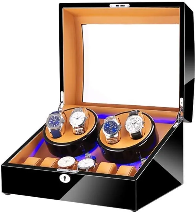 Quiet Motor, Wood serve crustal Shell Piano Paint Exterior, 4 Rotation Modes Watch Winder Display Watch Box Watch Storage Watch Winder for 4 Watches   6 Storage, with LED Light, 
