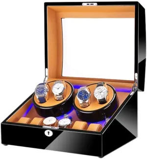 Quiet Motor, Wood serve crustal Shell Piano Paint Exterior, 4 Rotation Modes Watch Winder Display Watch Box Watch Storage Watch Winder for 4 Watches   6 Storage, with LED Light, 