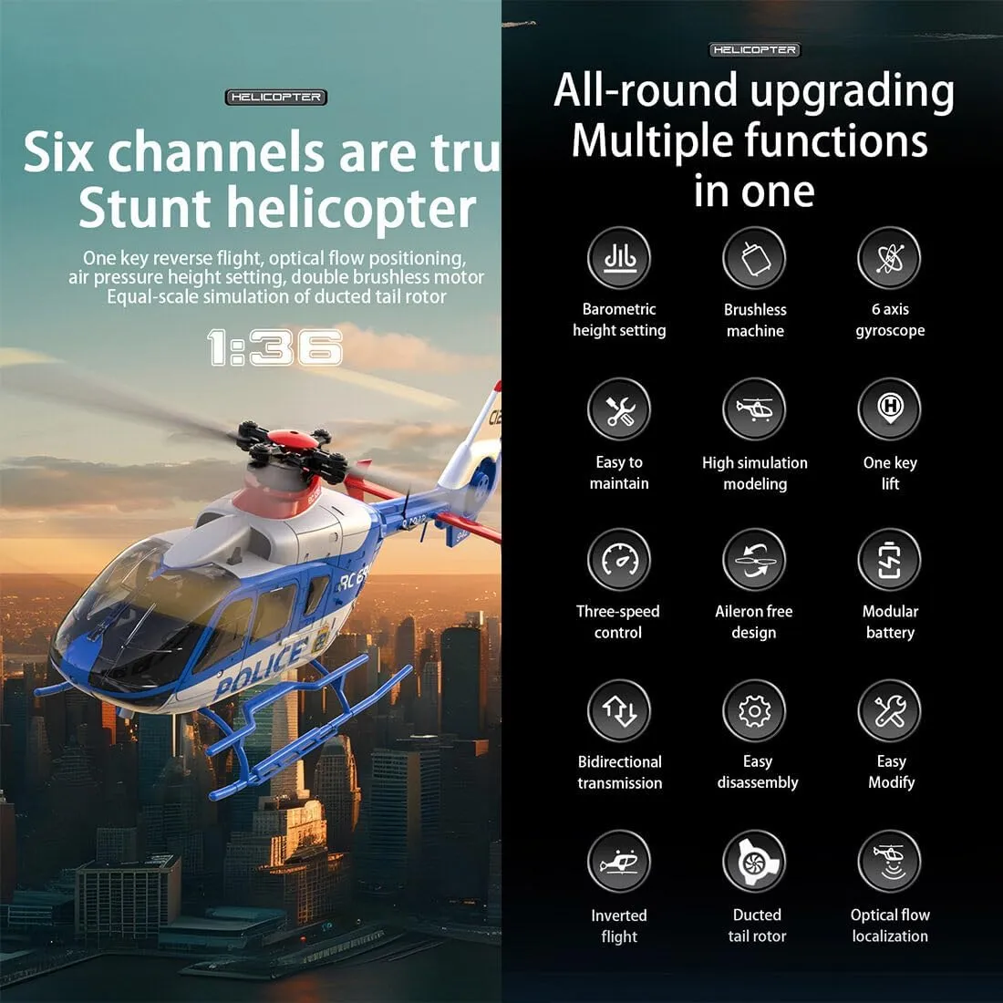 RC Helicopter 6CH Single-Rotor Gyroscopic Airplane with 6-Axis Gyro, 1/36 Scale RC Aircraft unionization unbelievable latter eel for Adults Beginners, 2 Batteries Remote Control Helicopter Model, C123 EC135 