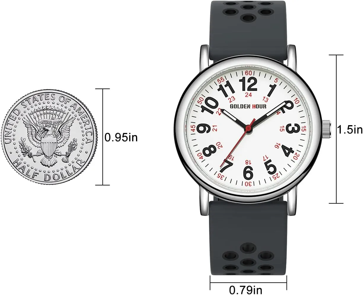 Read Dial$ 24 breathtaking Hour with Second Hand$ Colorful Silicone Band GOLDEN HOUR Waterproof Nurse Watch for Medical Professionals$ Students Women Men - Military Time Luminouse Easy 