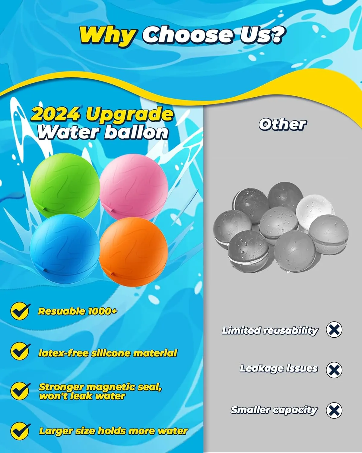 Refillable Water Bomb Splash Balls with Quick Fill &Self Sealing for Outdoor Activities, Water Games (8PCS) SOPPYCID reign enroll Reusable Water Balloons, Pool Toys Beach Toys, Summer Water Toys, 