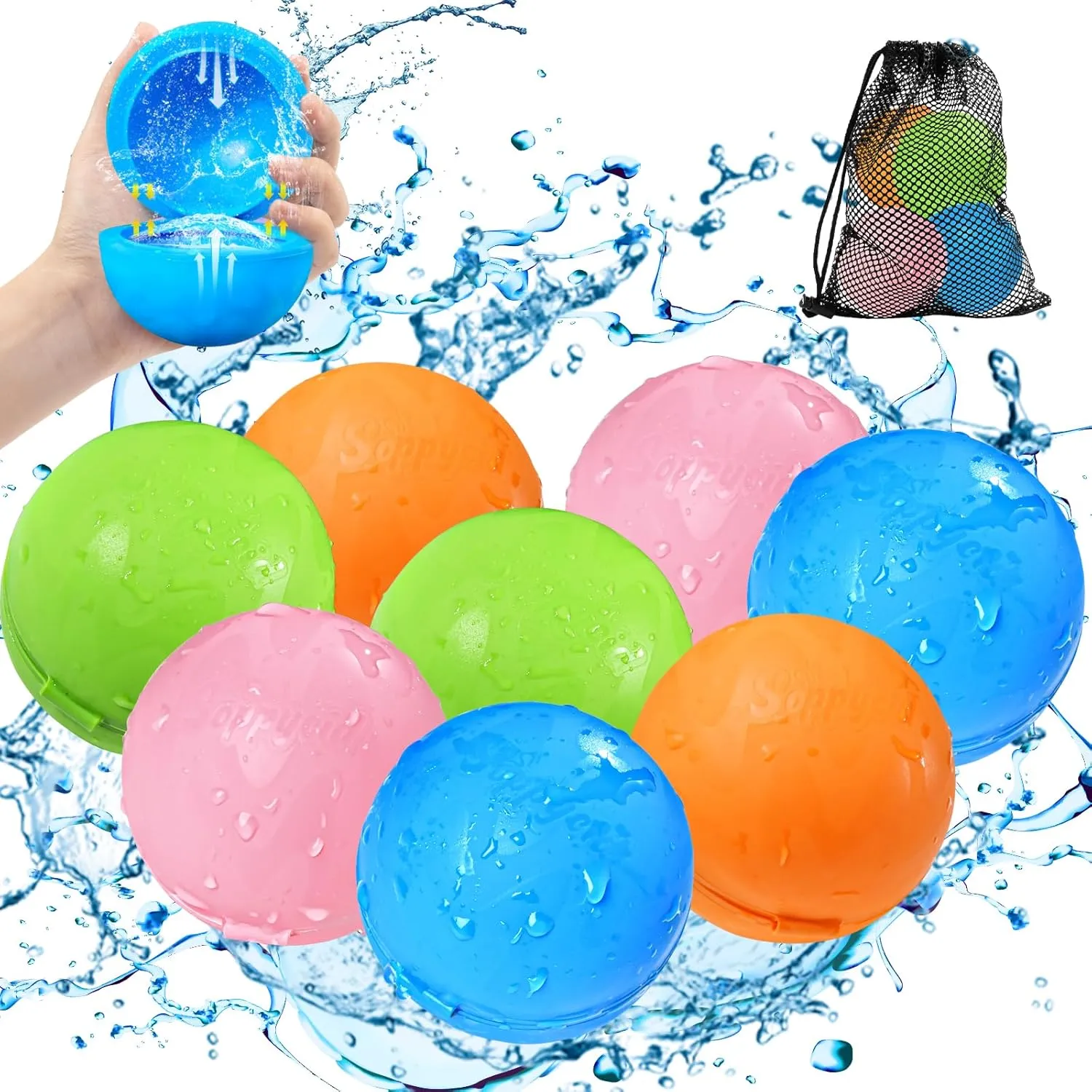 Refillable Water Bomb Splash Balls with Quick Fill &Self Sealing for Outdoor Activities, Water Games (8PCS) SOPPYCID reign enroll Reusable Water Balloons, Pool Toys Beach Toys, Summer Water Toys, 