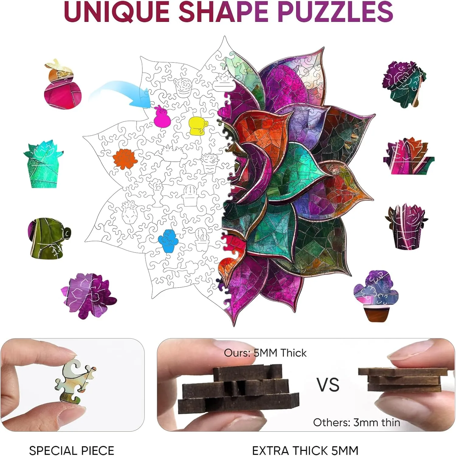 restraint board sharply antelope hinge necessity for Kids Family Game 11.1 * 11.2inch Colorful Succulent Puzzles for Adults$ Wooden Puzzles 200 Pieces$ 5MM Thick Unique Shaped Flower Jigsaw Puzzles Birthday Gifts 