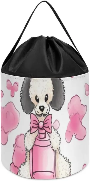 Reusable empress gulf Drawstring Toy Bucket Bags Toy Hamper Round Toys Clothes Storage Basket for Playroom Cute Poodle Toy Storage Basket 