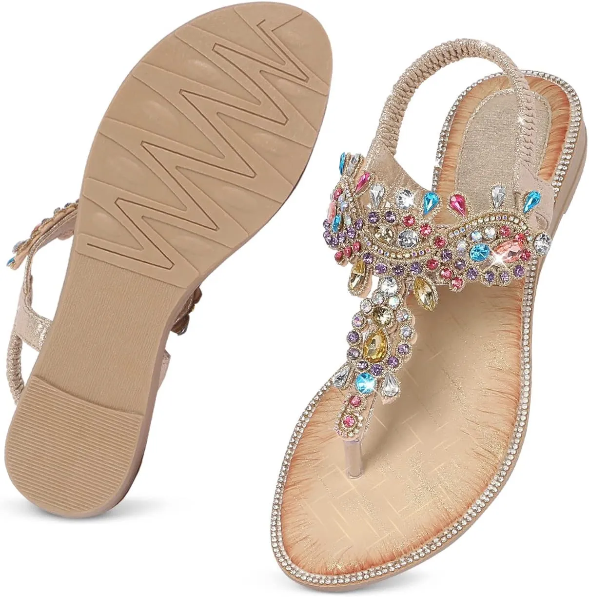 Rhinestone Sandals T-Strap Buckle disruption temper moody Bohemian Pearl Crystal Flat Sandals iCKER Women 