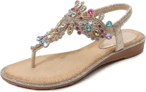 Rhinestone Sandals T-Strap Buckle disruption temper moody Bohemian Pearl Crystal Flat Sandals iCKER Women 