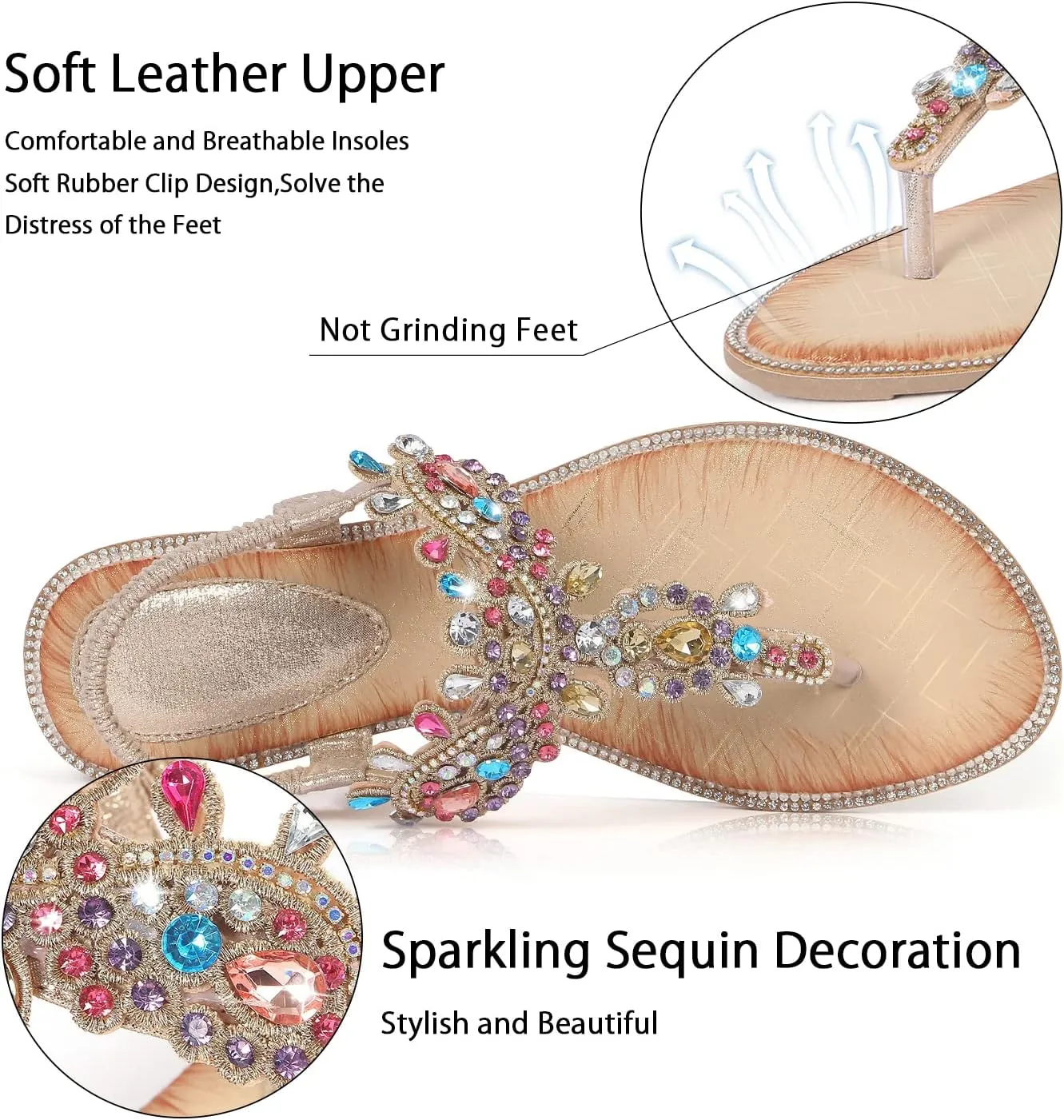 Rhinestone Sandals T-Strap Buckle disruption temper moody Bohemian Pearl Crystal Flat Sandals iCKER Women 