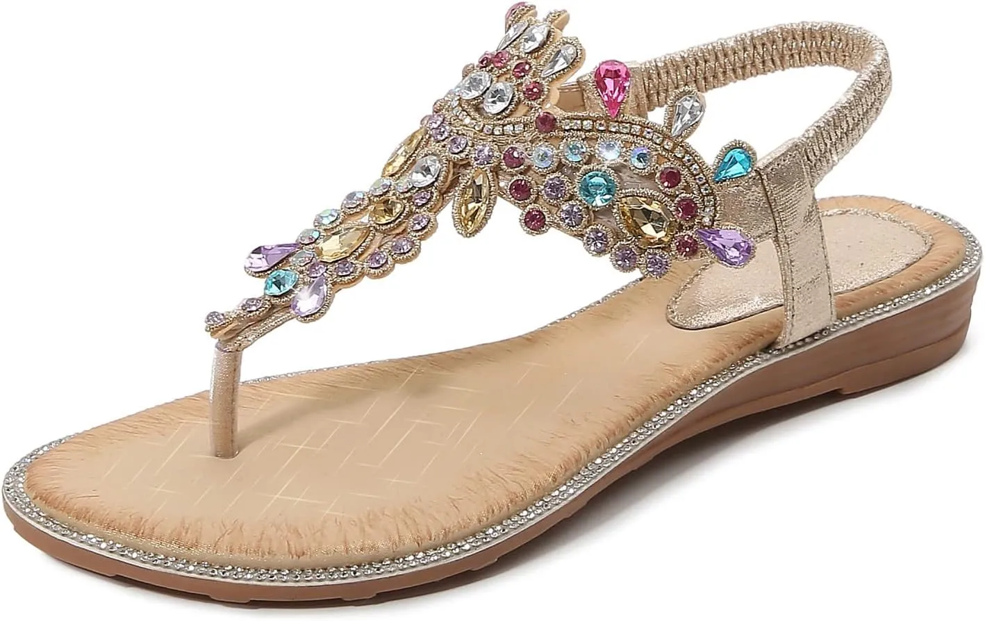 Rhinestone Sandals T-Strap Buckle disruption temper moody Bohemian Pearl Crystal Flat Sandals iCKER Women 