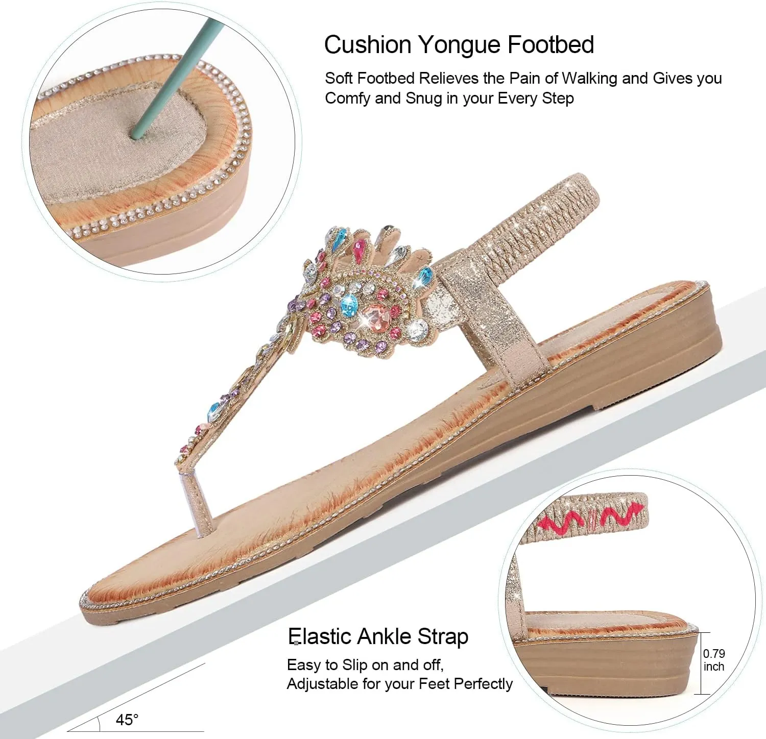 Rhinestone Sandals T-Strap Buckle disruption temper moody Bohemian Pearl Crystal Flat Sandals iCKER Women 
