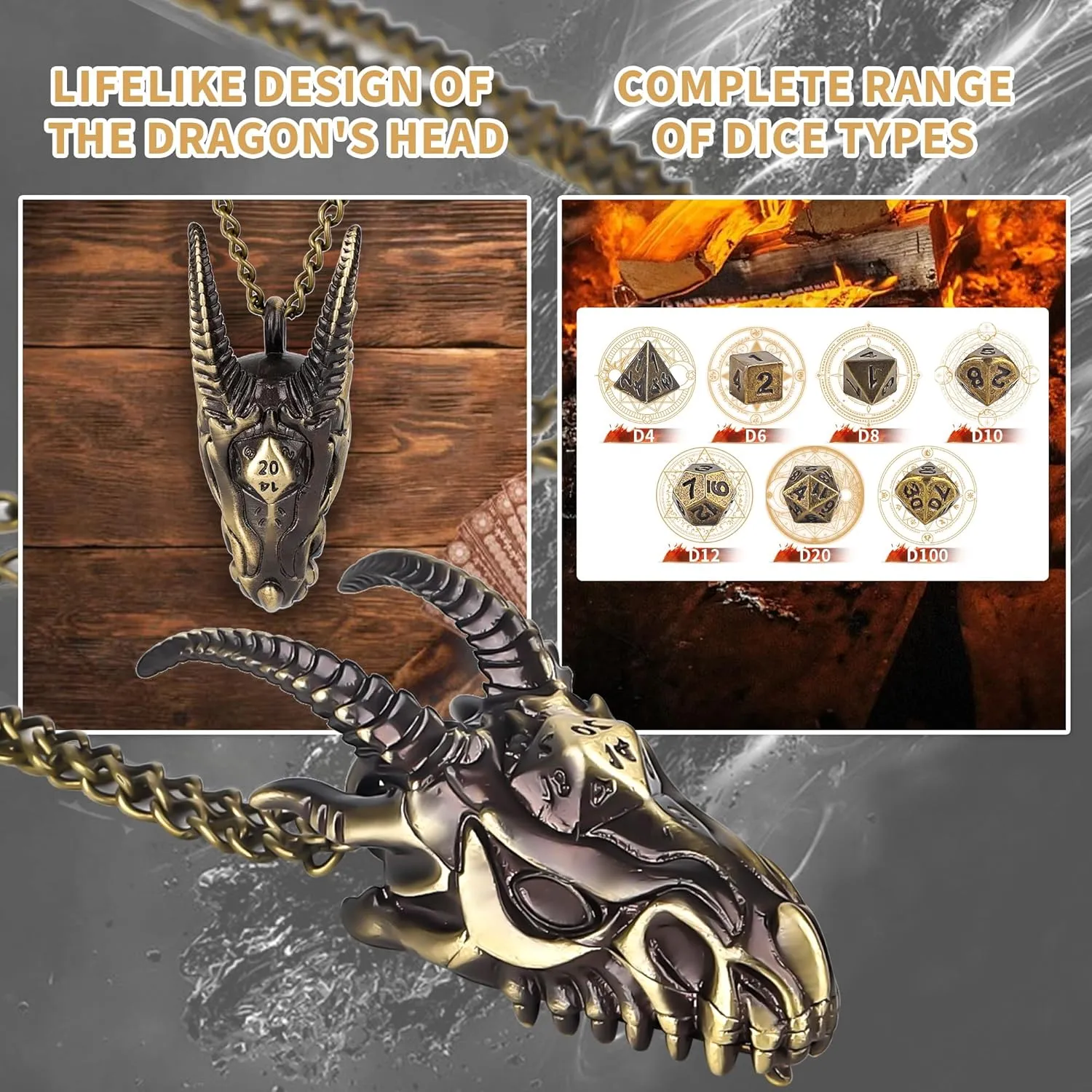 RPG Accessory Dungeons and Dragons Gift for Tabletop Gamers DND Dice Set with Dragon Head Necklace Mini Metal DND prominent Dice Keychain 7PCS Tiny Portable 