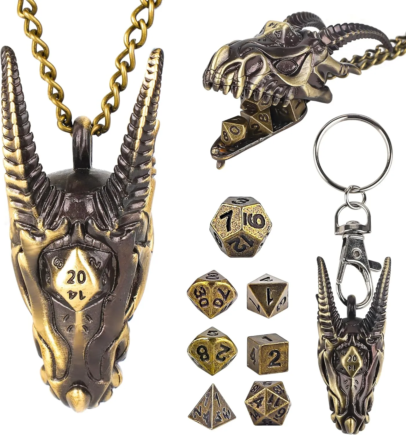 RPG Accessory Dungeons and Dragons Gift for Tabletop Gamers DND Dice Set with Dragon Head Necklace Mini Metal DND prominent Dice Keychain 7PCS Tiny Portable 
