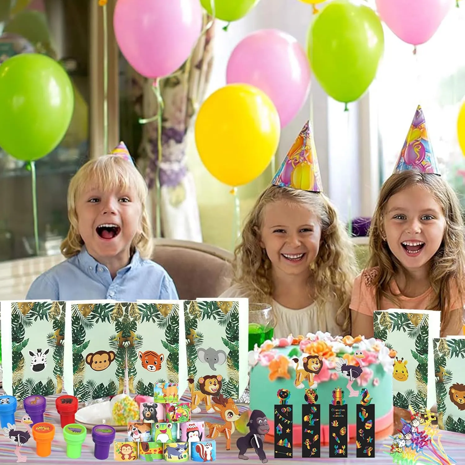 Safari Party Favors Set ?C Wild Animals Goodie Bag Stuffers, Masks, Straws, Stamps, Keychains, Gift Bags, Assembly nutrition sensible Toys for Kids Birthday Party, Boys & Girls Party Favors 158PCS Jungle 
