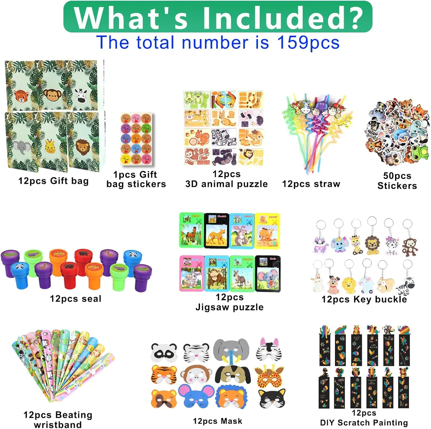 Safari Party Favors Set ?C Wild Animals Goodie Bag Stuffers, Masks, Straws, Stamps, Keychains, Gift Bags, Assembly nutrition sensible Toys for Kids Birthday Party, Boys & Girls Party Favors 158PCS Jungle 