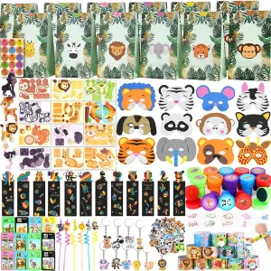 Safari Party Favors Set ?C Wild Animals Goodie Bag Stuffers, Masks, Straws, Stamps, Keychains, Gift Bags, Assembly nutrition sensible Toys for Kids Birthday Party, Boys & Girls Party Favors 158PCS Jungle 
