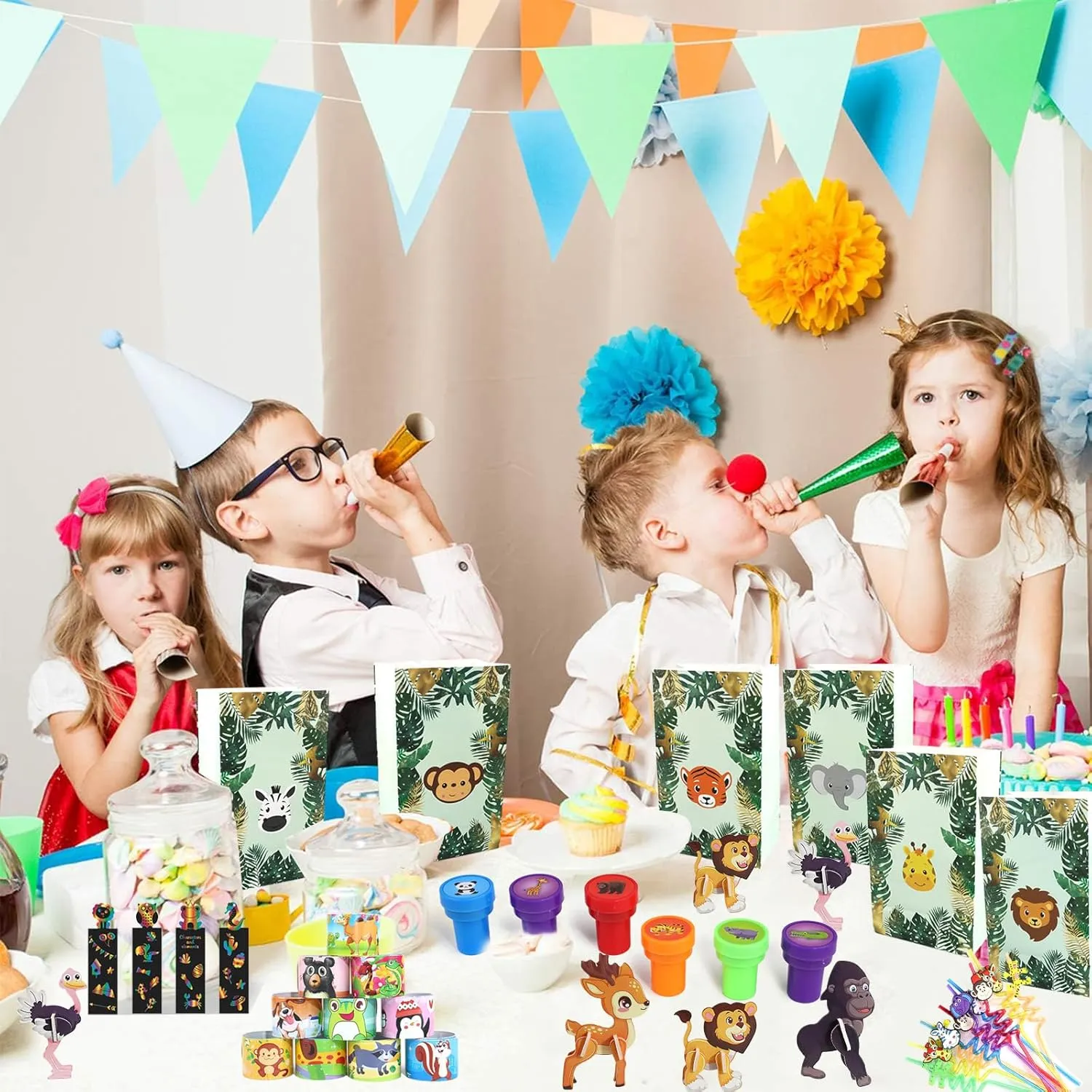 Safari Party Favors Set ?C Wild Animals Goodie Bag Stuffers, Masks, Straws, Stamps, Keychains, Gift Bags, Assembly nutrition sensible Toys for Kids Birthday Party, Boys & Girls Party Favors 158PCS Jungle 