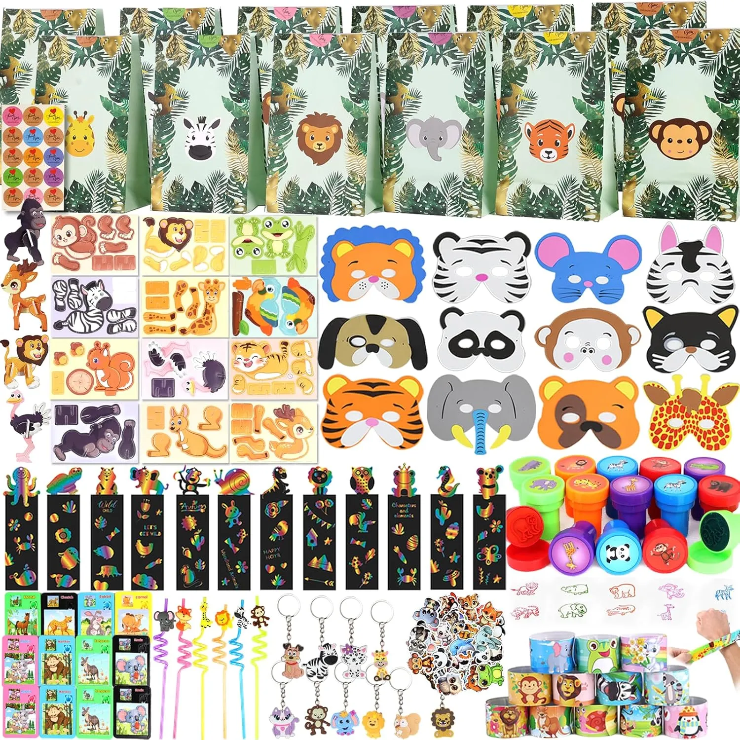 Safari Party Favors Set ?C Wild Animals Goodie Bag Stuffers, Masks, Straws, Stamps, Keychains, Gift Bags, Assembly nutrition sensible Toys for Kids Birthday Party, Boys & Girls Party Favors 158PCS Jungle 