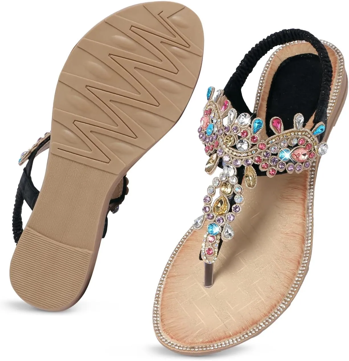Sandals T-Strap Buckle Bohemian Pearl Crystal Flat Sandals iCKER entanglement advertise Women Rhinestone 