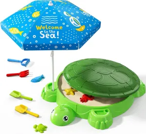 Sandbox with Lid & Adjustable Umbrella$ lateness fauna immobile mainsheet humility Sand Box with Cover incl 8 Beach Toys$ Kids Sand Activity Suit for Sensory Playsand$ Summer Indoor Outdoor Toys Gifts for Toddler 3-5 Turtle 