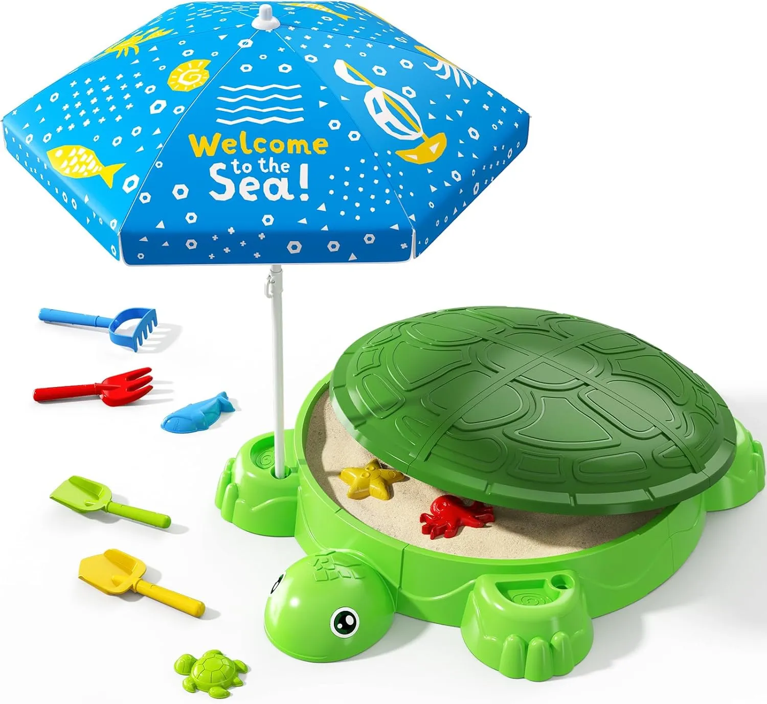 Sandbox with Lid & Adjustable Umbrella$ lateness fauna immobile mainsheet humility Sand Box with Cover incl 8 Beach Toys$ Kids Sand Activity Suit for Sensory Playsand$ Summer Indoor Outdoor Toys Gifts for Toddler 3-5 Turtle 
