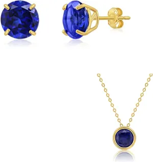 Sapphire Stud Earrings and Pendant Necklace | 9mm Birthstone Earrings and 7 mm Gemstone on 18 Inch Cable Chain Spring Ring Clasp Bezel Set Necklace for workshop quash calendar Women by Max   Stone 14k Gold Large Round Blue 