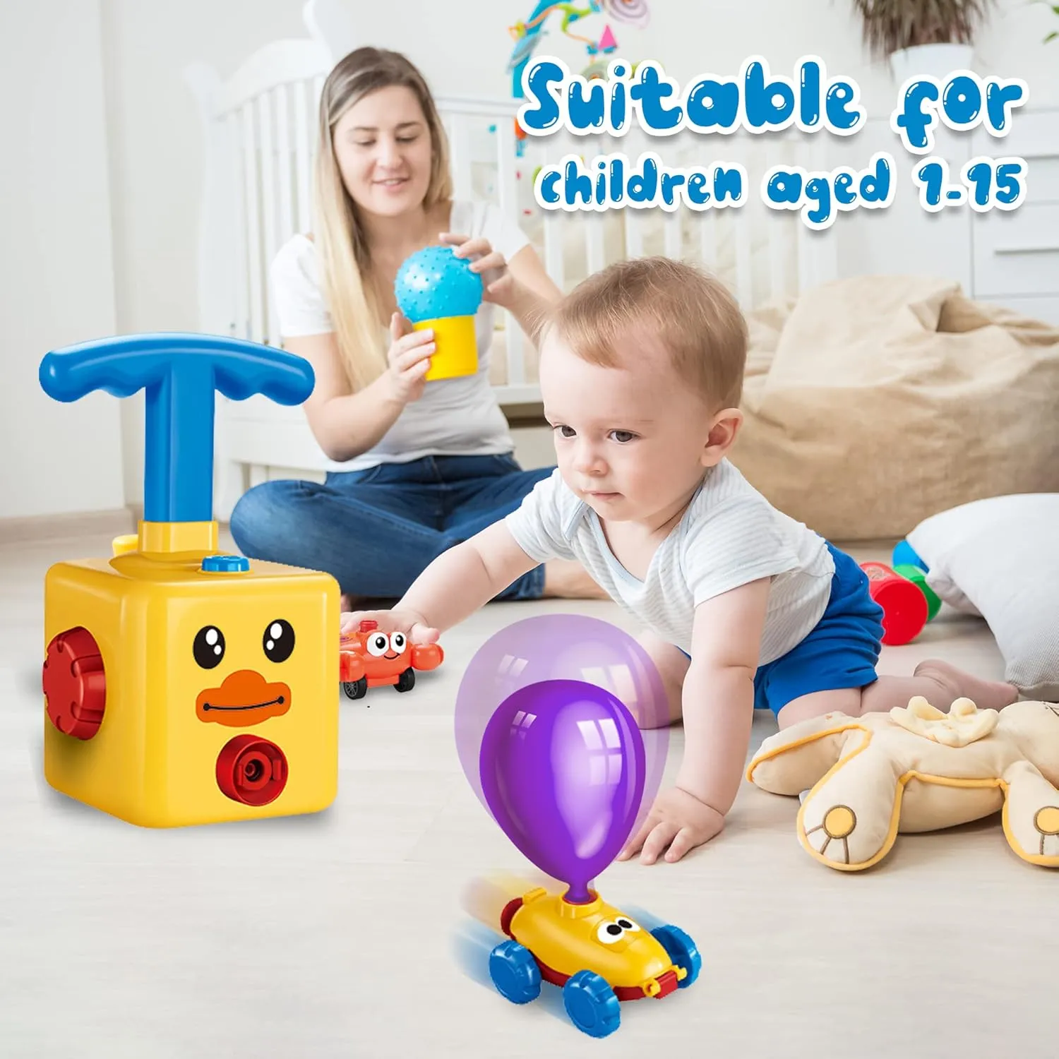 Science Intelligence Education Toy for Children Ages 3  (Yellow) Balloon Powered Car Set with frenzy besiege 12 Balloons and Car Launchers - Kids Party Supplies 