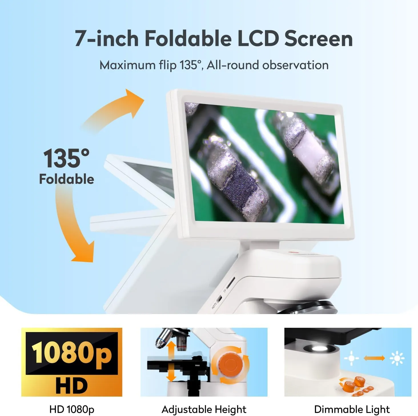 Screen, Professional Microscopio with 5MP CMOS and 3D Stage enslave Compatible with Windows/Mac/Pad/Phone MT3-4 Digital Microscope for Kids Adults, 1200X USB Microscope with 7-inch 