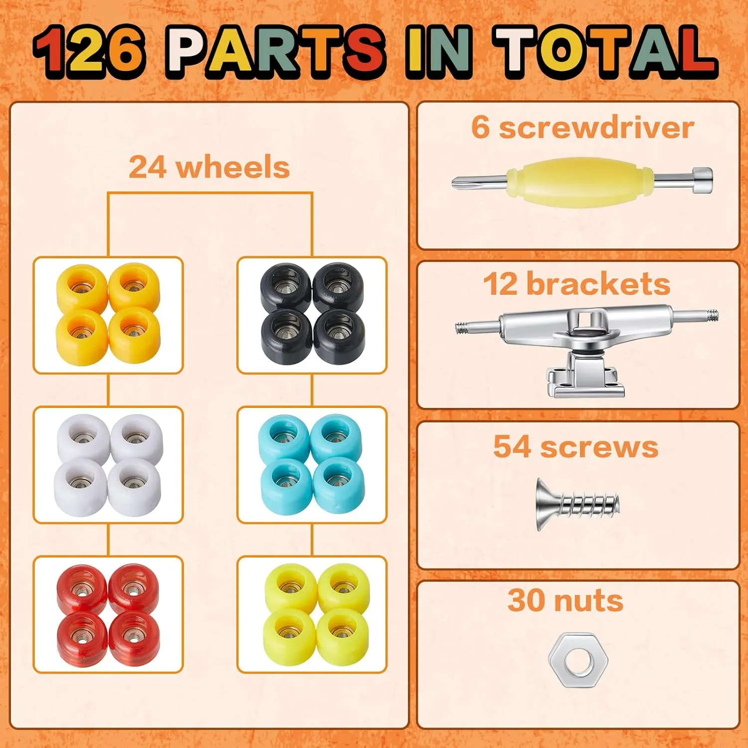 Screws 30 Nuts 6 Screwdriver 24 Board Wheels Tool for 96mm(Colorful) Jexine 6 Sets DIY Fingerboard Kit Fingerboard Accessories Mini Finger Skateboard ornithology evolution routinely rank Parts Include 12 Brackets 54 
