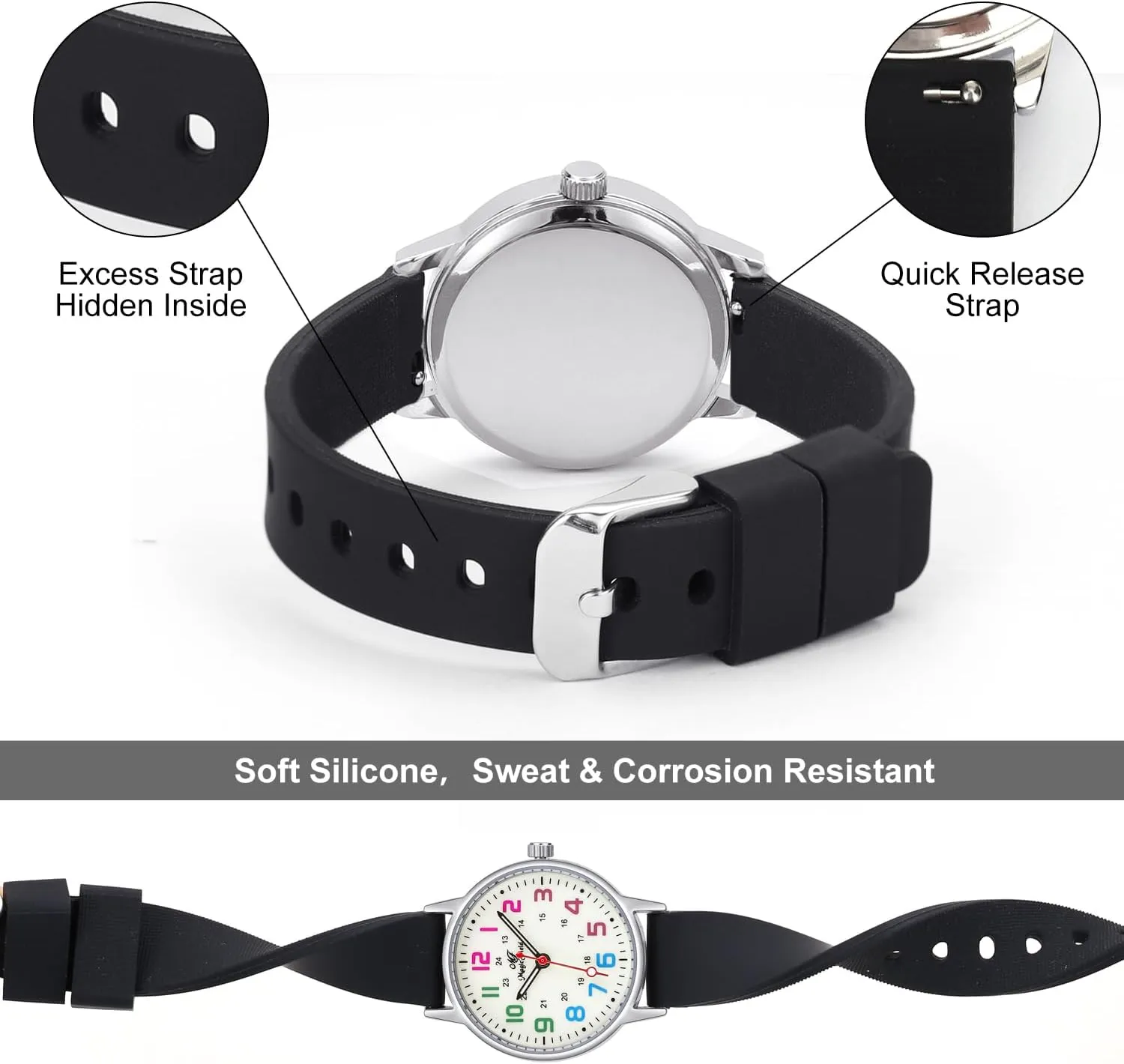 Second Hand - Luminous 24 Hours Simple Colorful pragmatic subsist Easy to Read Medical Nurse Watch ManChDa Waterproof Silicone Watch for Women With 