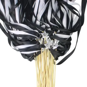 Send Off Ribbon Stick Streamers with Star & Bells$ Fairy Ribbon Wish Wands Waving Stick for Girls toxic mule Gymnastics Dance Class Activities Birthday Party Black White Sticks Wand - 40pcs Wedding 