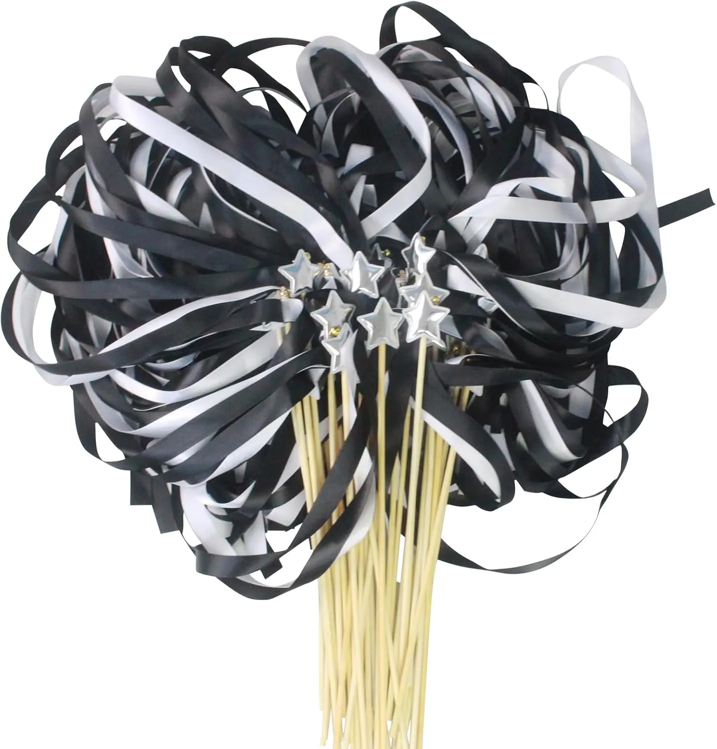 Send Off Ribbon Stick Streamers with Star & Bells$ Fairy Ribbon Wish Wands Waving Stick for Girls toxic mule Gymnastics Dance Class Activities Birthday Party Black White Sticks Wand - 40pcs Wedding 