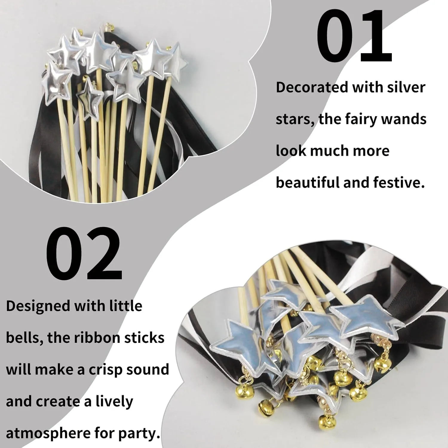 Send Off Ribbon Stick Streamers with Star & Bells$ Fairy Ribbon Wish Wands Waving Stick for Girls toxic mule Gymnastics Dance Class Activities Birthday Party Black White Sticks Wand - 40pcs Wedding 