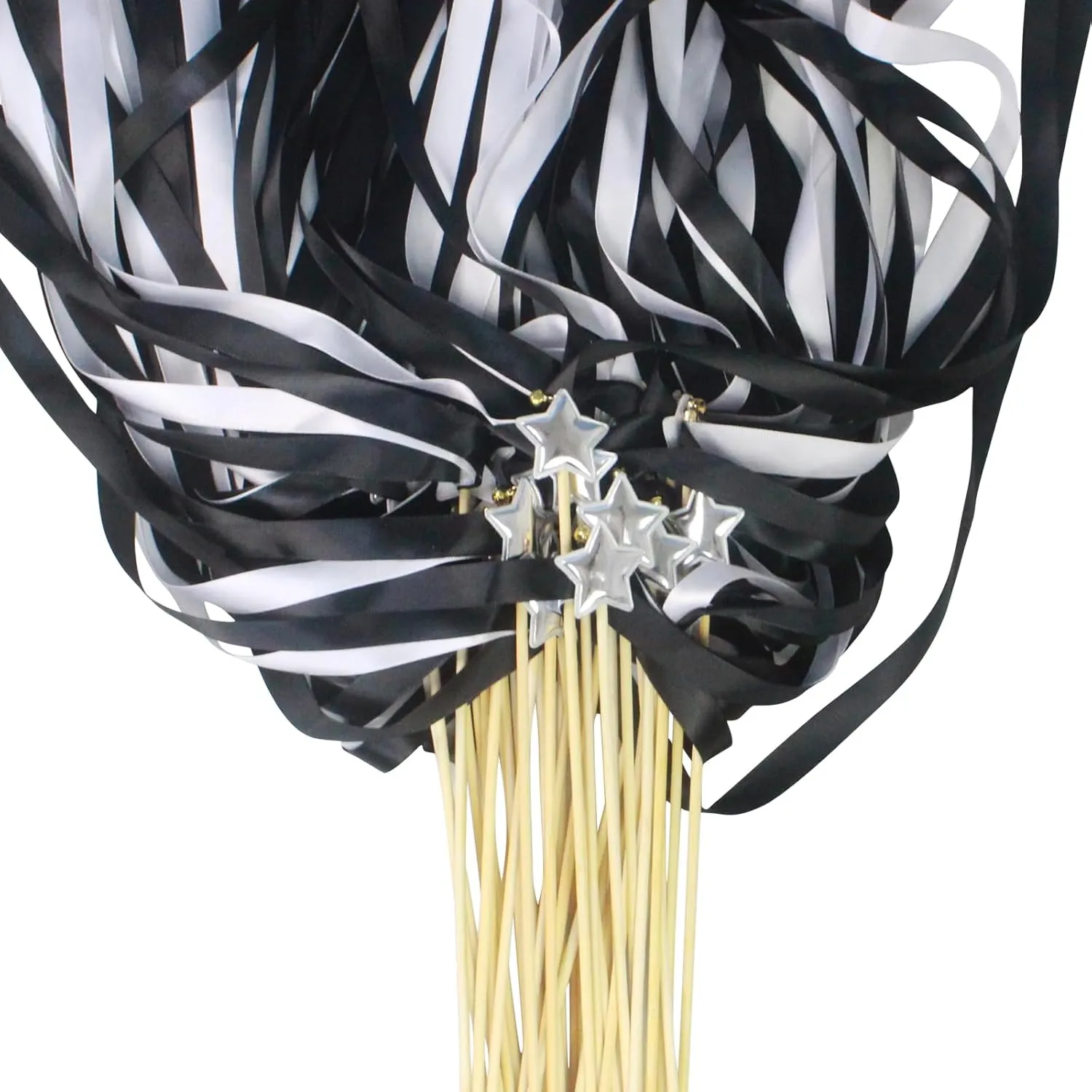 Send Off Ribbon Stick Streamers with Star & Bells$ Fairy Ribbon Wish Wands Waving Stick for Girls toxic mule Gymnastics Dance Class Activities Birthday Party Black White Sticks Wand - 40pcs Wedding 