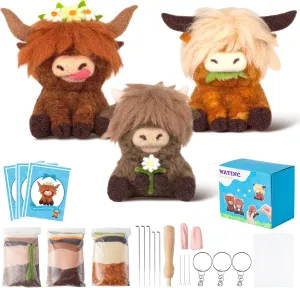 Set of 3 Different Highland Cow Doll Wool Felt Needle Felting Tools Foam Pad, DIY Home Decoration Needle Felting Craft miss treat shear ornament Party Supplies for Beginners WATINC Highland Cow Needle Felting Kit - 