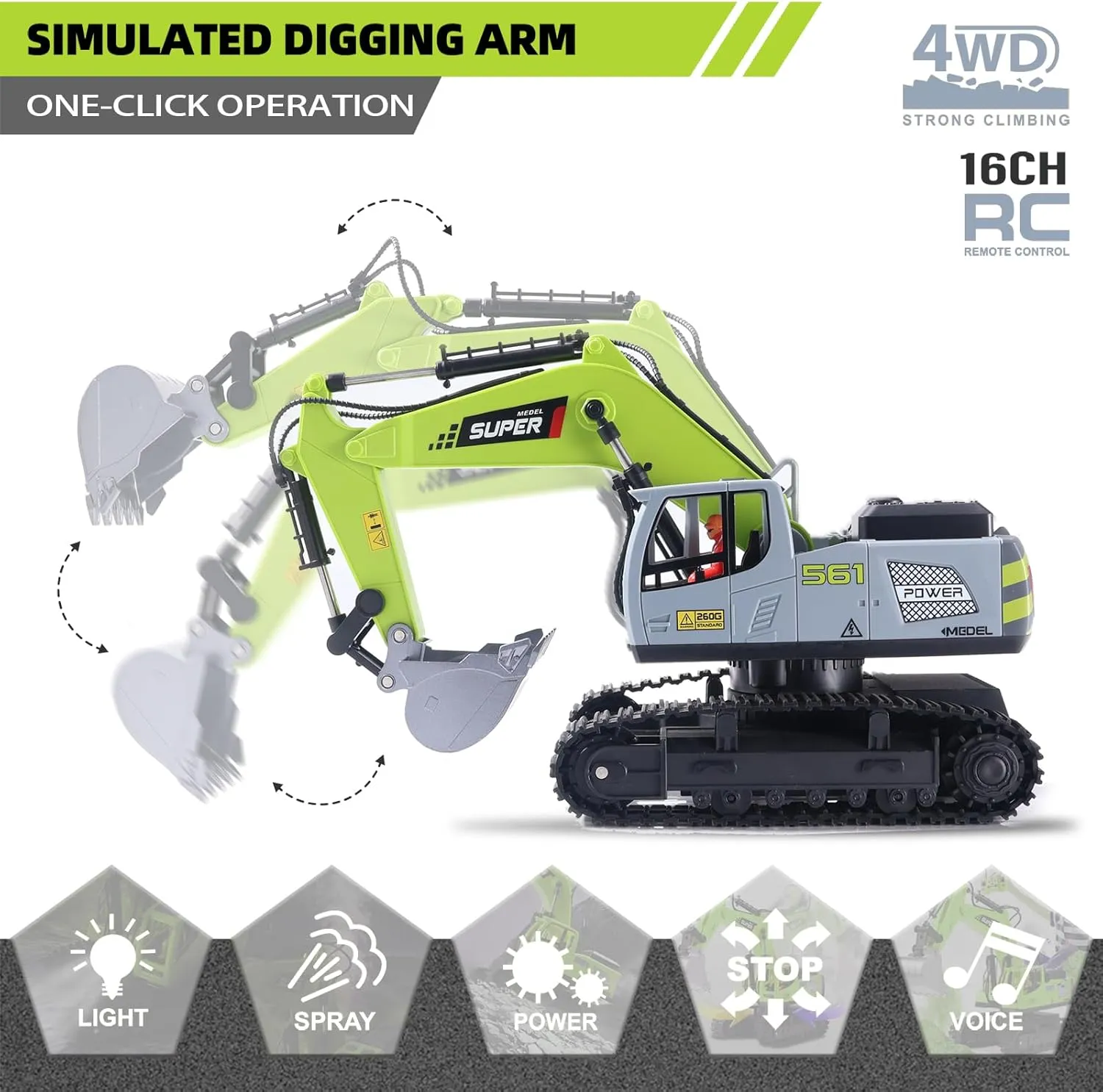 Shovel & Light$Simulated Smoke$Christmas Birthday Gift Toy for Boys Kids Remote Control Excavator Toys sister south anomaly patronize for Boys$16 Channel Dual Speed Control RC Excavator Construction Toys with Metal 