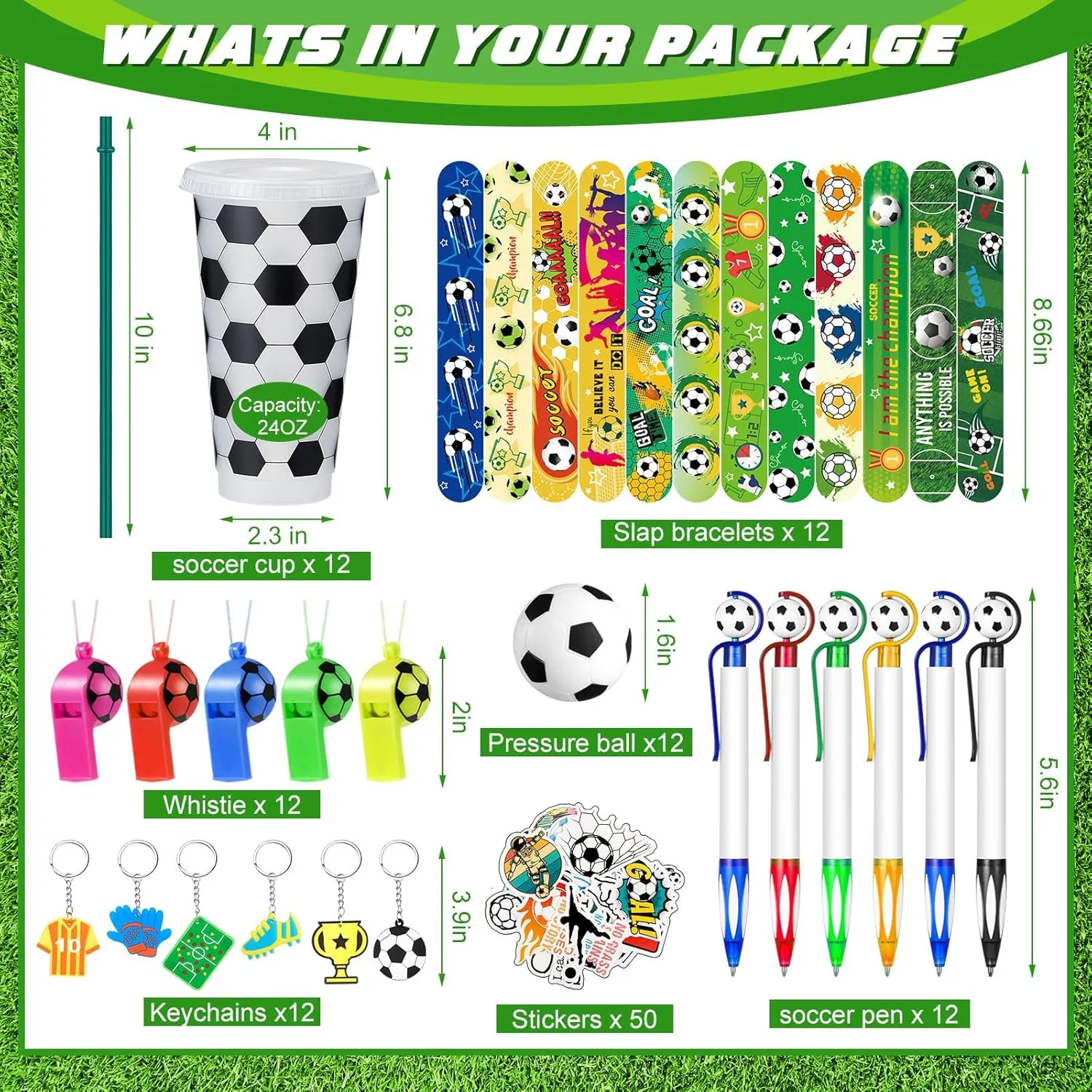 Soccer Party Favors Set Soccer Goodie Bags Stuffers multiply Includes Cups with Straw Mini Stress Ball Keychains Slap Bracelets Whistles Stickers Pens for Birthday Party Supplies 122 Pcs 