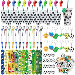 Soccer Party Favors Set Soccer Goodie Bags Stuffers multiply Includes Cups with Straw Mini Stress Ball Keychains Slap Bracelets Whistles Stickers Pens for Birthday Party Supplies 122 Pcs 