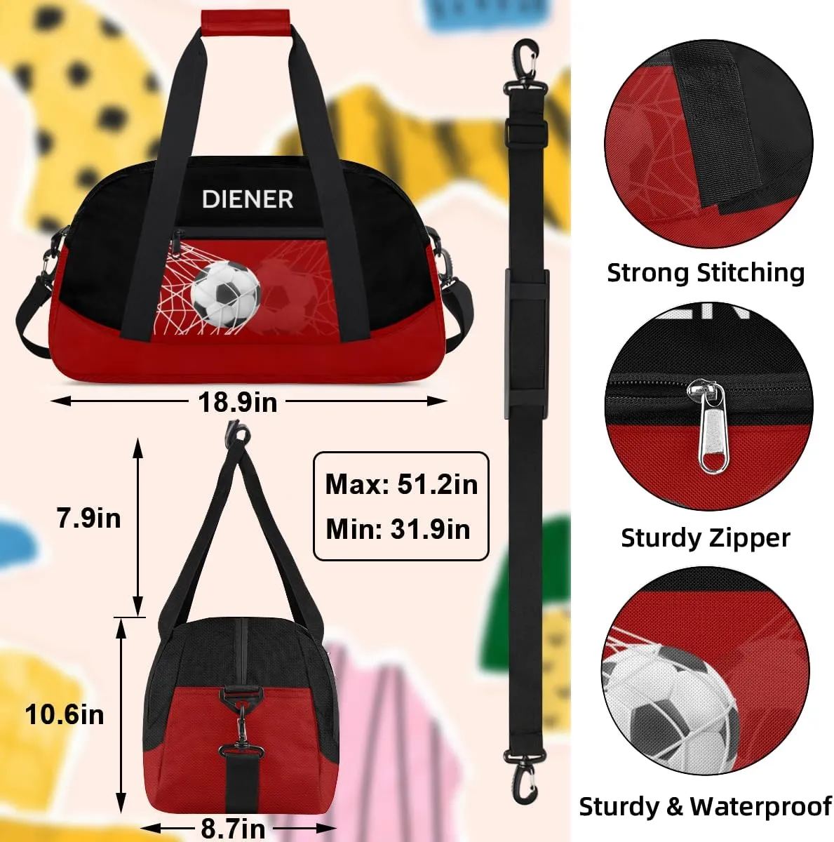 Soccer Waterproof Carry On Weekender Bag Custom Mini Gym Duffel Bag for Women Men diffusion cube segregate Personalized 