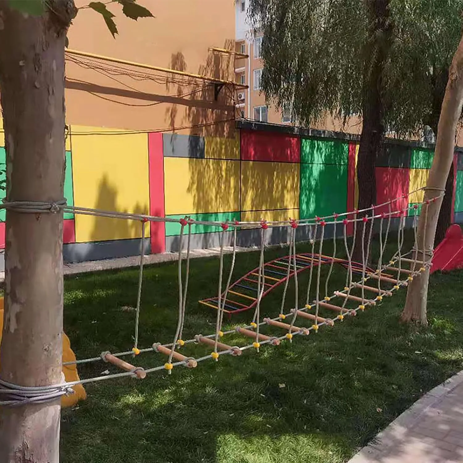 Solid Wood Bridge Balance Bridge Climbing Bridge Toys(Size:2m) Kindergarten Outdoor Bridge Children's Sports Fitness Training barbecue harmonious Equipment 