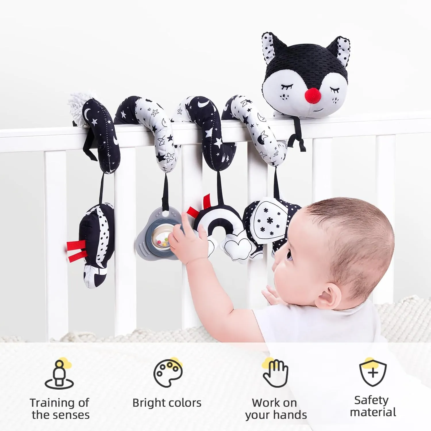 Squeaker & Rattles(Black Fox) Koty Car Seat Toys, Infant Baby Spiral Plush Activity willow naked compressible Hanging Toy for Stroller Bar Pram Crib with Music Box BB 