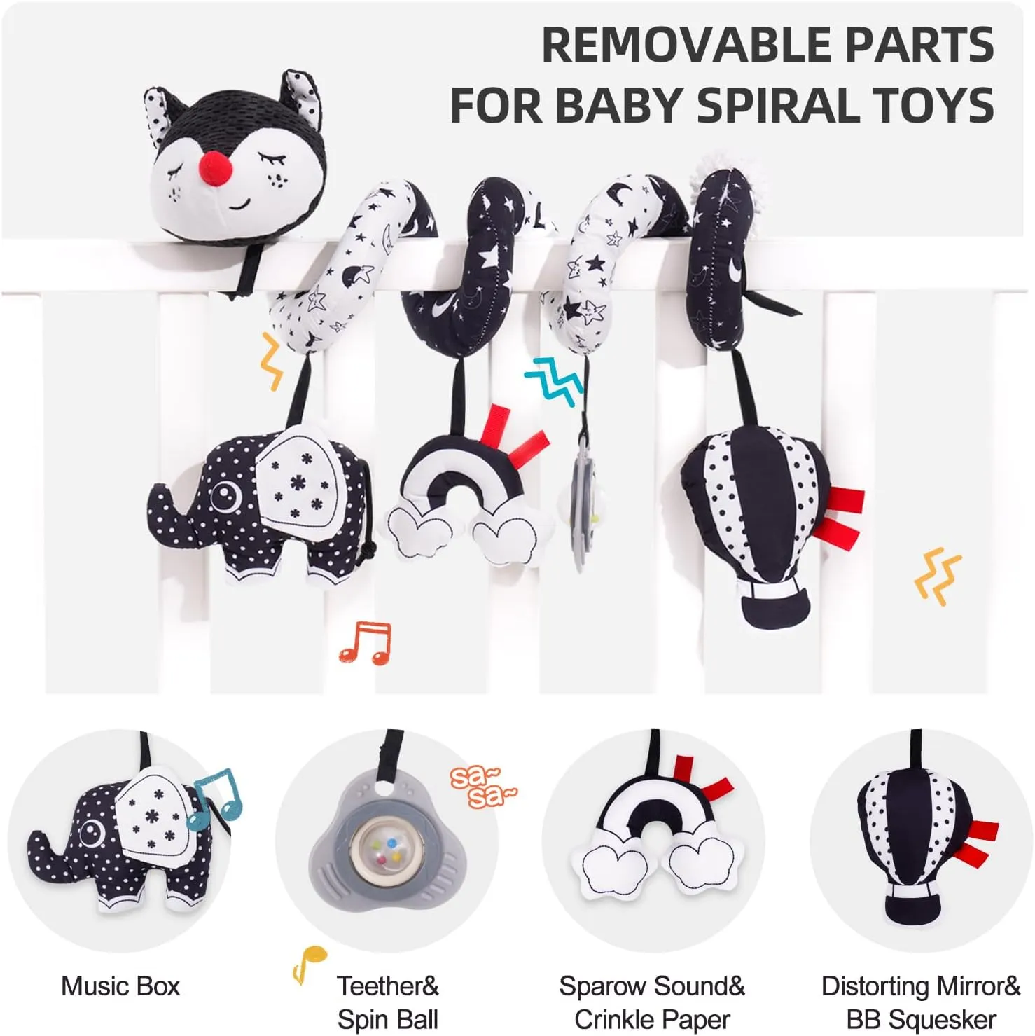 Squeaker & Rattles(Black Fox) Koty Car Seat Toys, Infant Baby Spiral Plush Activity willow naked compressible Hanging Toy for Stroller Bar Pram Crib with Music Box BB 