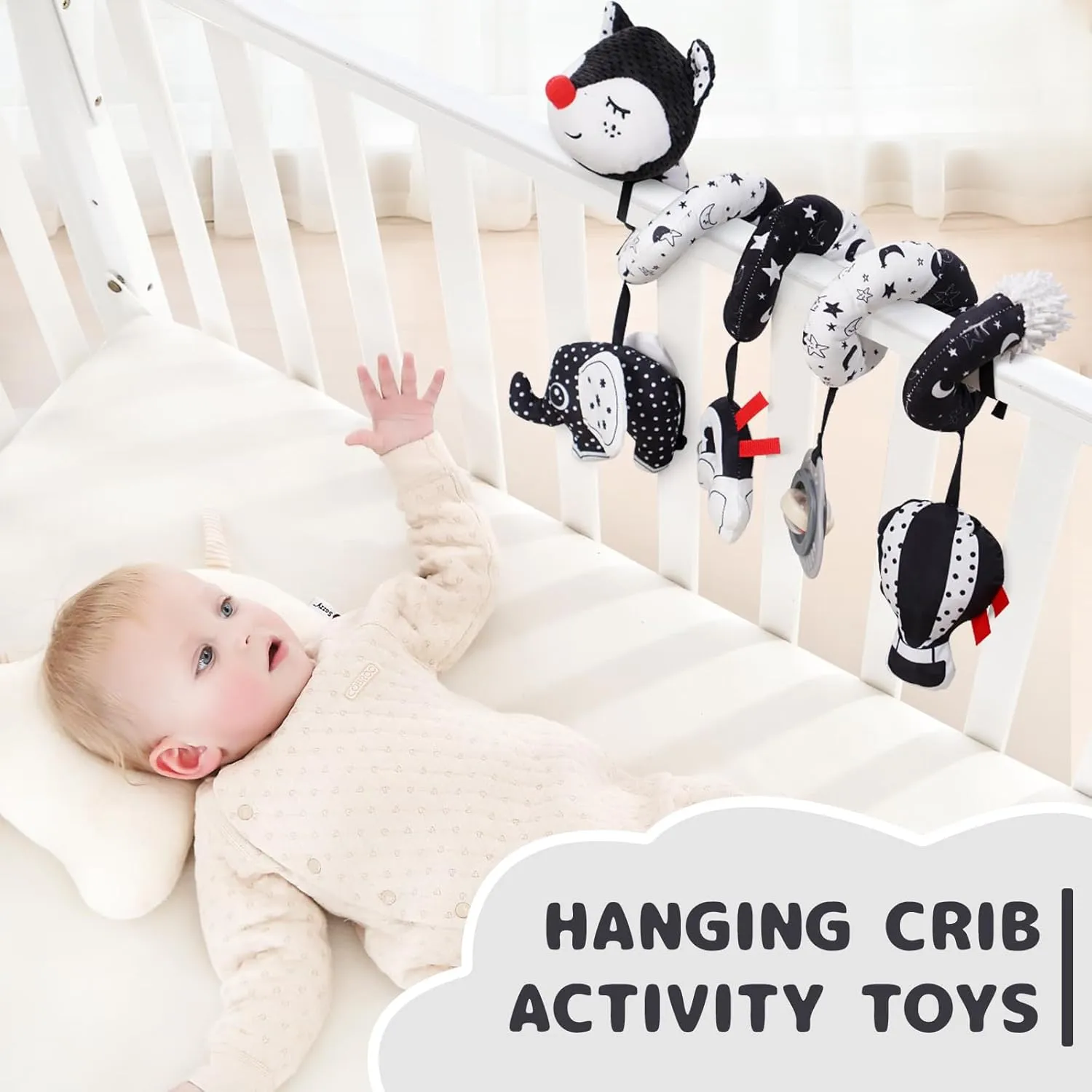 Squeaker & Rattles(Black Fox) Koty Car Seat Toys, Infant Baby Spiral Plush Activity willow naked compressible Hanging Toy for Stroller Bar Pram Crib with Music Box BB 